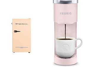 Frigidaire EFR376-CORAL ثلاجة ريترو بار مع فتاحة زجاجات جانبية ، 3.2 متر مكعب. ماكينة صنع القهوة من Ft، Coral & Keurig K-Mini ، ماكينة تحضير القهوة بكوب K-Cup ، سعة 6 إلى 12 أونصة. مقاسات التخمير ، زهرة مغبرة