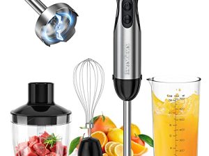 خلاط يدوي الغمر ، خلاط يدوي من الفولاذ المقاوم للصدأ من Bonsenkitchen ، 20 سرعة وتيربو ، 4 في 1 خلاط يدوي مع خفق البيض ، كوب 24 أونصة ووعاء تقطيع 17 أونصة للعصائر ، المهروس ، طعام الأطفال