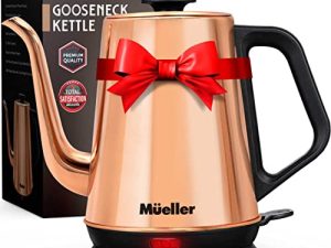غلاية كهربائية Mueller Gooseneck ، غلاية شاي كهربائية من الفولاذ المقاوم للصدأ بسعة 1 لتر / 34 أونصة وغلاية قهوة ، خاصية الإغلاق التلقائي والحماية من الجفاف ، نحاسية