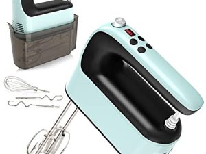 Yomelo 9-Speed Digital Hand Mixer Electric، 400W Powerful DC Motor، Baking Mixer باليد مع حقيبة تخزين قابلة للتثبيت ، زر اللمس ، Turbo Boost ، 5 ملحقات من الفولاذ المقاوم للصدأ ، مضارب مسطحة ، خطافات للعجين ، خفقت (أزرق ثلجي)
