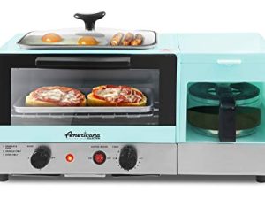 Elite Gourmet Americana EBK8810BL 2 Slice، 9.5 "Griddle with Glass Lid 3-in-1 Breakfast Center Station، 4-Cup Coffeemaker، Toaster Oven with 15 Min Timer، Heat Selector Mode، Blue