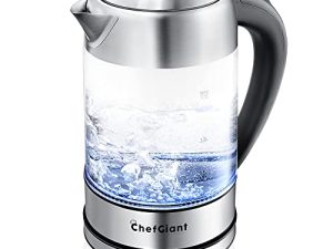 غلاية شاي كهربائية لاسلكية ChefGiant - غلاية ماء ساخن سعة 1.7 لتر غلاية كهربائية مصنوعة من الزجاج والفولاذ المقاوم للصدأ - سخان مياه بسعة كبيرة مع إيقاف تلقائي