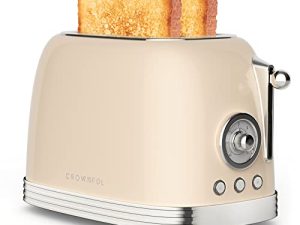 CROWNFUL 2-Slice Toaster، Extra Wide Slots Toaster، Retro Stainless Steel with Bagel، Cancel، Defrost، Reheat Function and 6-Shade Settings and Removal Crumb Tray، Cream
