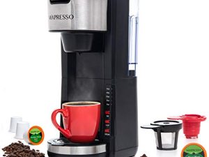 ماكينة تحضير القهوة من ميكسبريسو 2 في 1 كبسولات قهوة K-Cup متوافقة مع القهوة المطحونة ، ماكينة صنع قهوة مدمجة مع خزان قابل للفك سعة 30 أونصة ، حجم 5 مشروبات وصينية تنقيط قابلة للتعديل (أسود)