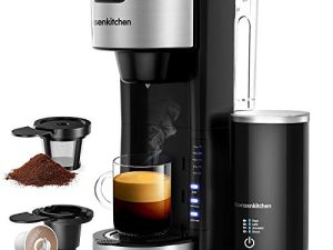 آلة صنع القهوة من Bonsenkitchen الفردية مع جهاز إزباد الحليب ، ماكينة صنع القهوة 2 في 1 لكوب K وأطباق القهوة ، ماكينة صنع لاتيه وكابتشينو ، جهاز بخار الحليب الكهربائي المحمول المدمج