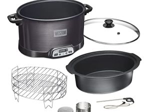 WESTON BRANDS 2-in-1 مدخن كهربائي داخلي وطباخ بطيء قابل للبرمجة ، 6 كوارت ، مع رف تدخين من 3 طبقات للحوم والجبن والمزيد ، وعاء آمن لغسالة الأطباق ، مسبار درجة الحرارة ، أسود (03-2500-W)