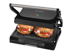 Proctor Silex 4 Serving Panini Press ، صانع شطائر وشواية داخلية مدمجة ، تخزين عمودي ، شبكات غير لاصقة سهلة التنظيف ، أسود (25440PS)