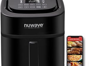 مقلاة هواء NUWAVE Brio 8-Qt ، بقوة 1800 واط ، شاشة بيضاء باردة سهلة القراءة ، عناصر تحكم في درجة الحرارة 50 درجة إلى 400 درجة فهرنهايت ، 100 إعداد مسبق مبرمج مسبقًا و 50 فتحة ذاكرة ، ميزان حرارة ذكي متكامل ، تقنية Linear T