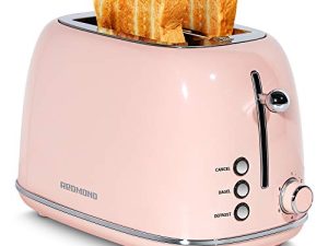 REDMOND 2 Slice Toaster Retro Stainless Steel Toaster with Bagel، Cancel، Defrost، 6 Bread Shade محمصة الخبز ، فتحة عريضة جدًا وصينية فتات قابلة للإزالة ، وردي ، ST028