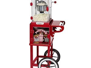 West Bend PCMC20RD13 Popcorn Cart غير لاصقة غلاية من الفولاذ المقاوم للصدأ تجعل 10 أكواب تتميز برف تخزين مسبق وعجلات لسهولة التنقل تتضمن أداة قياس ، 2.5 أونصة ، أحمر
