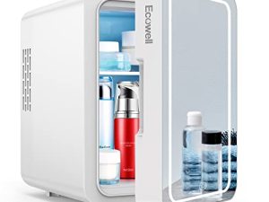 غرفة نوم صغيرة Ecowell WRE110 ، ثلاجة 4 لتر / 6 علب للعناية بالبشرة مع مرآة LED ، ثلاجة صغيرة AC / DC 12 فولت للعناية بالبشرة ومستحضرات التجميل والمكياج والمكتب ، أبيض