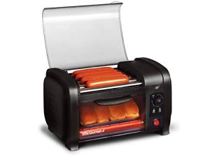 Elite Gourmet EHD-051B # Hot Dog Toaster Oven، 30 Min Timer، Stainless Steel Heat Rollers Bake & Crumb Tray، World Series Baseball، 4 Bun Capacity، Black