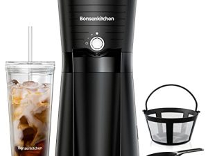 ماكينة صنع القهوة المثلجة من Bonsenkitchen مع كوب قهوة Tritan ، ماكينة صنع القهوة أحادية الخدمة مع فلتر قهوة قابل لإعادة الاستخدام ، عملية سهلة بلمسة واحدة ، تصميم محمول ومضغوط للمنزل والمكتب