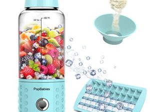 خلاط محمول من PopBabies ، خلاط شخصي ، خلاط عصائر للاهتزاز مع زجاجة خلاط USB قابلة لإعادة الشحن Corolina Blue