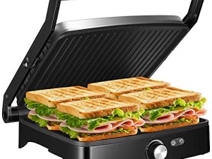 OSTBA Panini Press Grill شواية داخلية للشواء مع إعداد لدرجة الحرارة ، 4 شرائح كبيرة غير لاصقة متعددة الاستخدامات ، تفتح 180 درجة لتناسب أي نوع أو حجم من الطعام ، صينية تقطير قابلة للإزالة ، 1200 واط