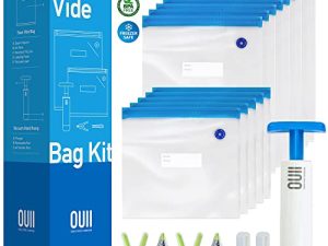 أكياس OUII Sous Vide لطباخات Joule و Anova - 15 كيس فيديو Sous قابل لإعادة الاستخدام وخالي من BPA مع مضخة يدوية تفريغ بأحجام مختلفة - أكياس تخزين الطعام بالفراغ آمنة - تناسب أي آلة فيديو Sous