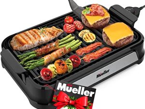 شواية Mueller Ultra Gourmet الكهربائية 6 حصص ، شواية داخلية بدون دخان 14 بوصة مع 5 تحكم في درجة الحرارة قابل للتعديل ، لوحة شواء غير لاصقة قابلة للإزالة ، عنصر تسخين سريع وصينية شحوم كبيرة جدًا