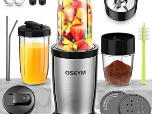 OSEYM Bullet Blender for Shakes and Smoothies ، 19 قطعة مجموعة خلاط سموثي للاهتزاز ، خلاط شخصي 850 وات مع 2 * 20 Oz و 10 Oz To-Go ، سهل التنظيف ، خالٍ من BPA (فضي - أسود)
